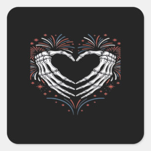 Pegatina Cuadrada Skeleton Hand Heart 4De Eeuu Patriótico Americano