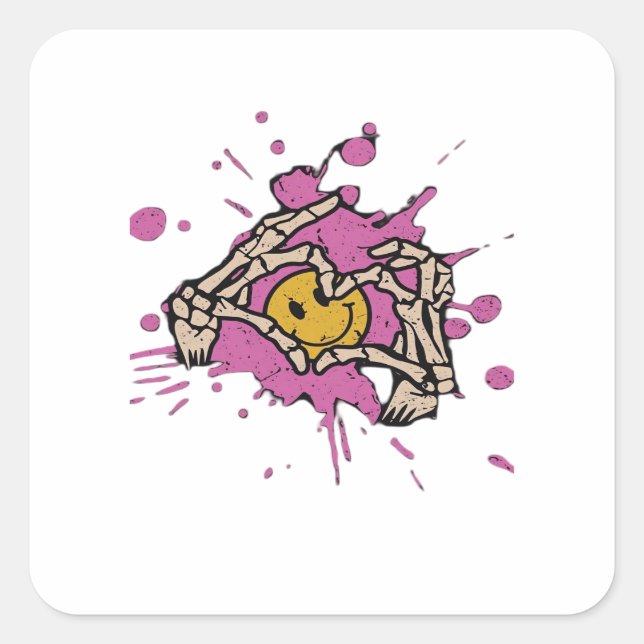 Pegatina Cuadrada Skeleton Hand Heart Show Classic (Anverso)