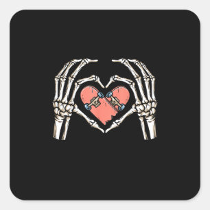 Pegatina Cuadrada Skeleton Hand Heart Skateboard Día de San Valentín