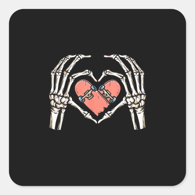 Pegatina Cuadrada Skeleton Hand Heart Skateboard Día de San Valentín (Anverso)