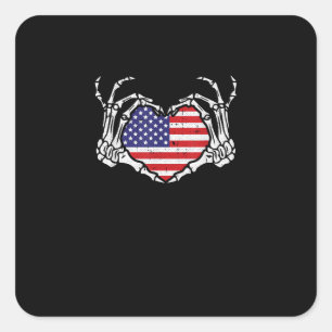 Pegatina Cuadrada Skeleton Mano Corazón 4 De La Bandera Estadouniden