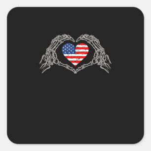Pegatina Cuadrada Skeleton Mano Corazón 4 De La Bandera Estadouniden