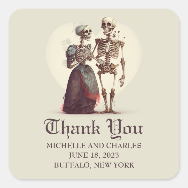Pegatina Cuadrada Skeleton Pareja Boda Gracias (Anverso)