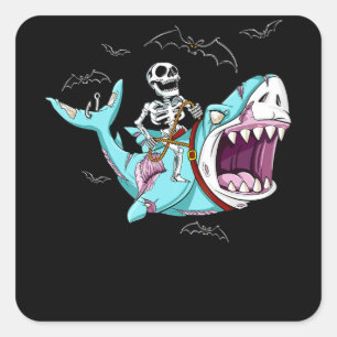 Pegatina Cuadrada Skeleton Riding Zombie Shark Gracioso regalo de Ha