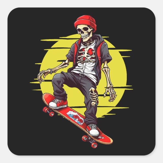 Pegatina Cuadrada Skeleton Skateboard (Anverso)