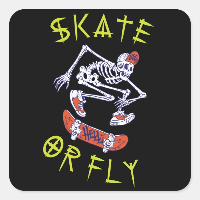 Pegatina Cuadrada Skeleton Skateboarder (Anverso)