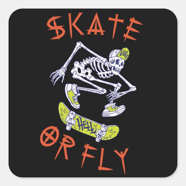Pegatina Cuadrada Skeleton Skateboarder (Anverso)