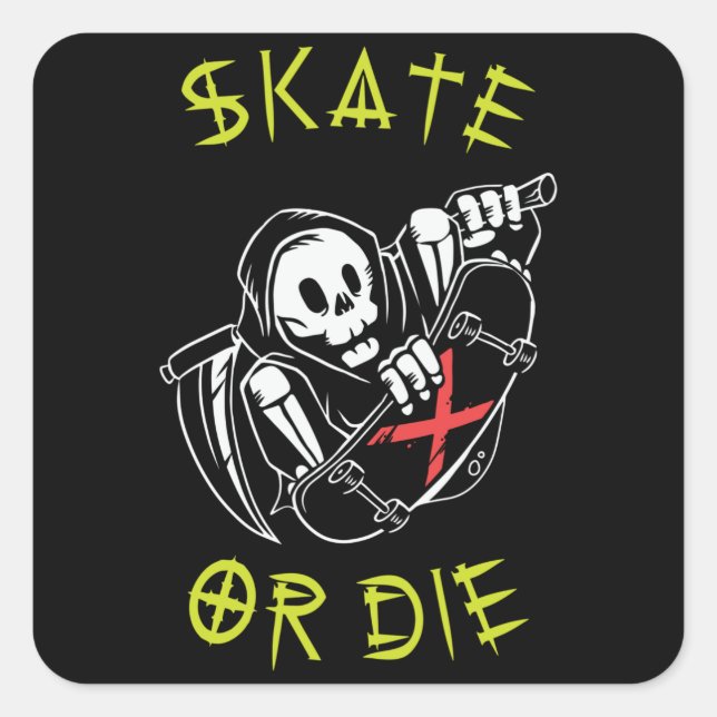 Pegatina Cuadrada Skeleton Skateboarder Grim Reaper (Anverso)