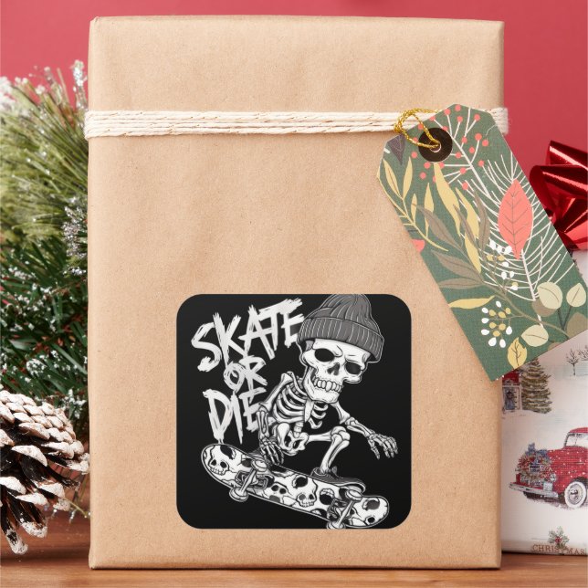 Pegatina Cuadrada Skeleton Skateboarder Temático De Halloween: Estil (Vacaciones)