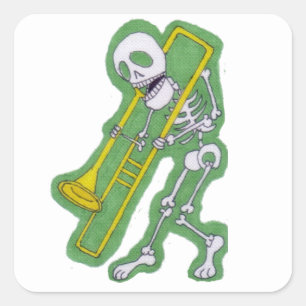 Pegatina Cuadrada Skeleton Trombone, músico de esqueleto
