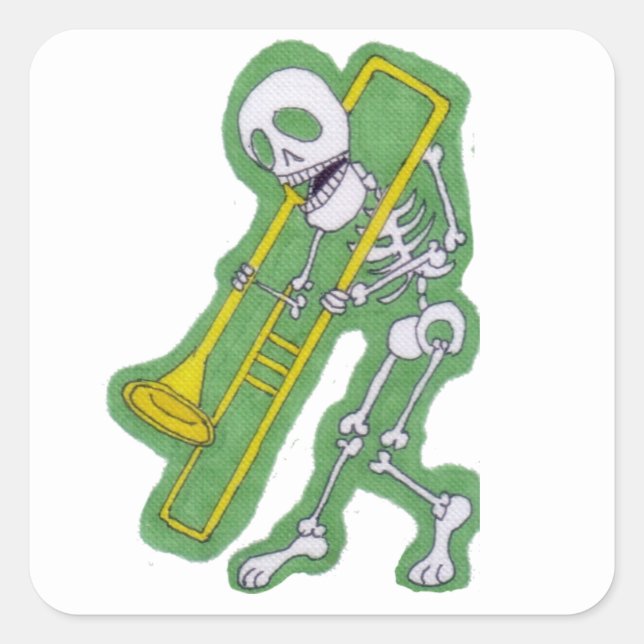 Pegatina Cuadrada Skeleton Trombone, músico de esqueleto (Anverso)