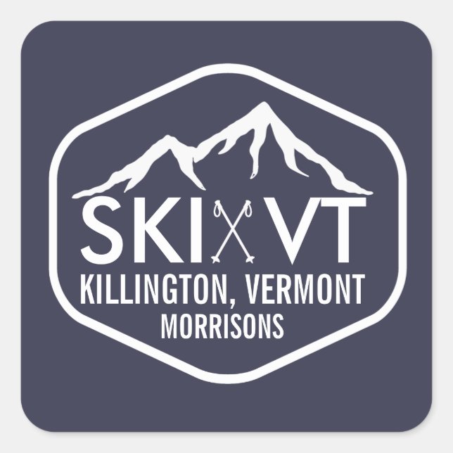 Pegatina Cuadrada Ski Vermont Killington Stowe Stratton Rustic Blue (Anverso)