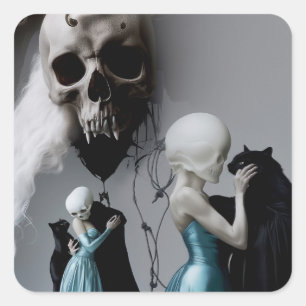 Pegatina Cuadrada Skull Black Cat Shadow Work Occult Witchy AI Art