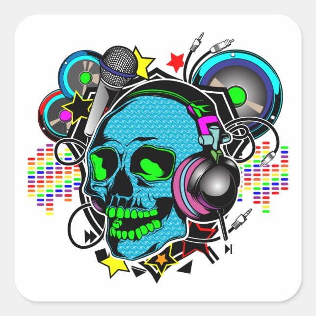 Pegatina Cuadrada Skull DJ (Anverso)
