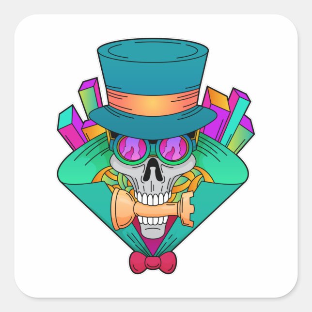 Pegatina Cuadrada Skull en ajedrez con pieza de ajedrez Rook (Anverso)