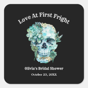 Pegatina Cuadrada Skull Love al primer susto Halloween Bridal Shower
