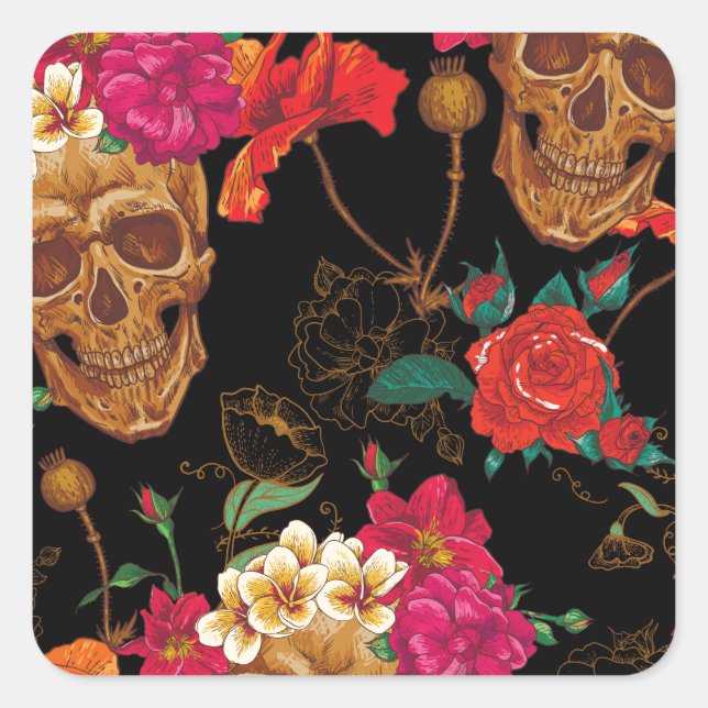 Pegatina Cuadrada Skulls florales (Anverso)