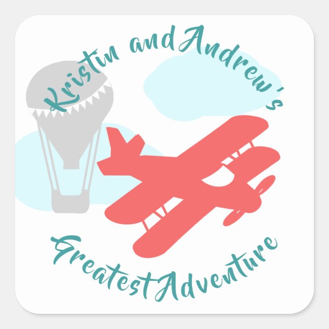 Pegatina Cuadrada Sky Adventure Transportation Baby Shower (Anverso)
