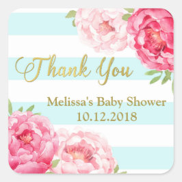 Pegatina Cuadrada Sky Blue Stripes Pink Floral Baby Shower Gracias