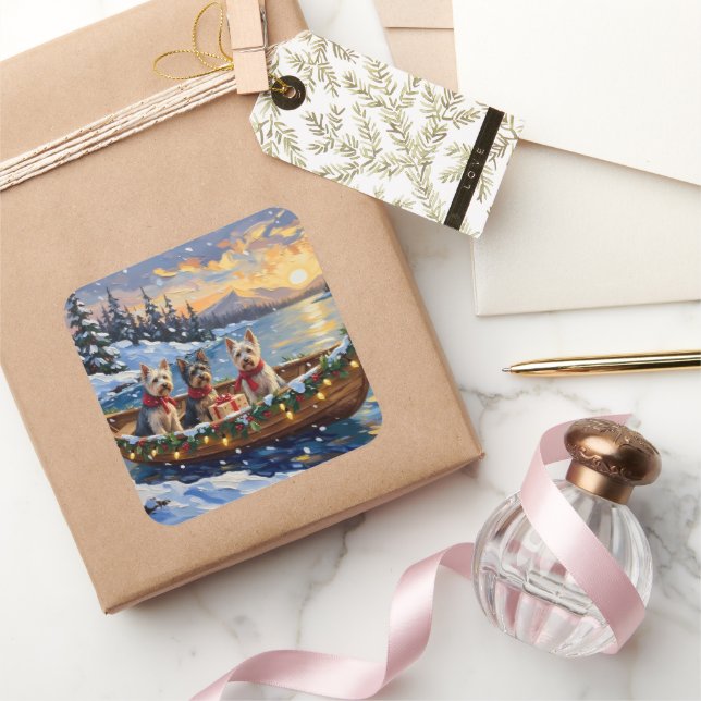 Pegatina Cuadrada Skye Terrier Christmas Boat Holiday (Regalar)