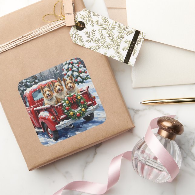 Pegatina Cuadrada Skye Terrier Christmas Red Truck Holiday (Regalar)