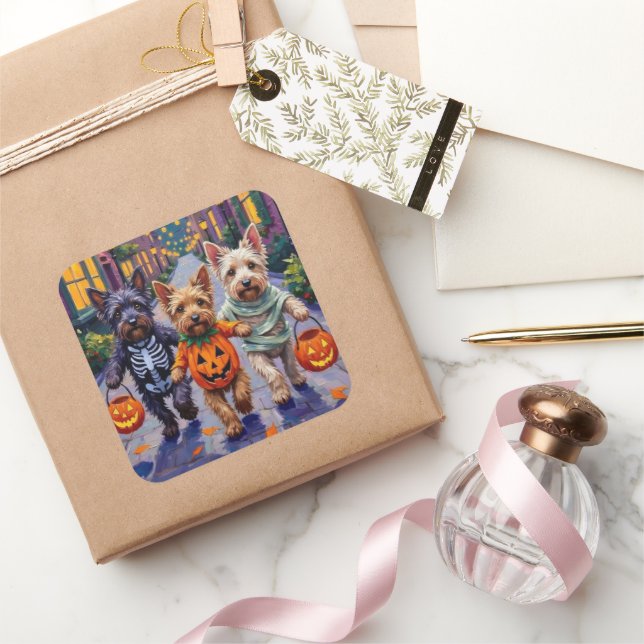 Pegatina Cuadrada Skye Terrier Trick-or-Treating Halloween Costumes (Regalar)