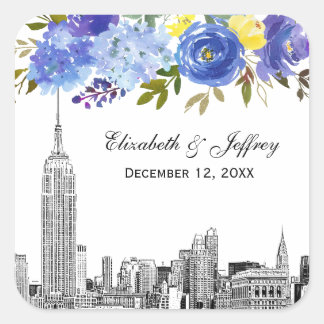 Pegatina Cuadrada Skyline ESB Etch Blue Yellow Flour Watercolor