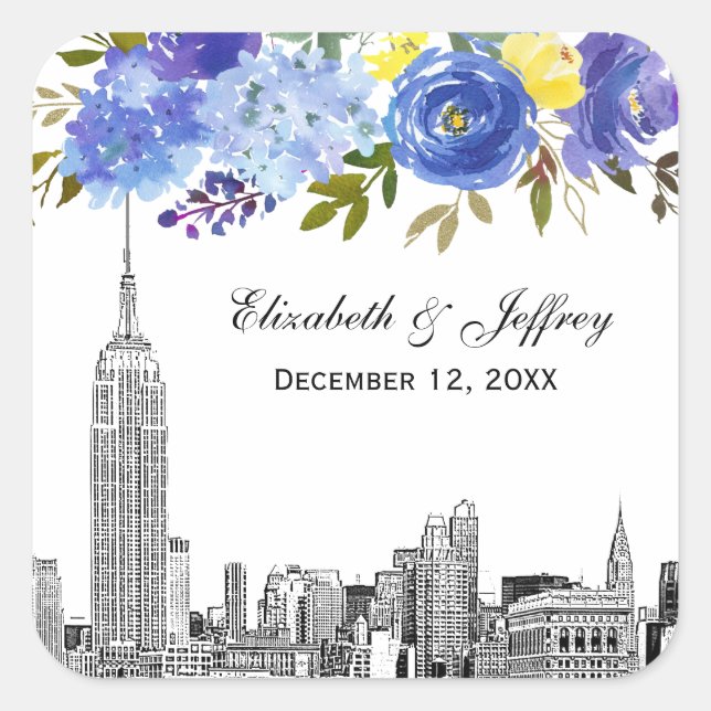 Pegatina Cuadrada Skyline ESB Etch Blue Yellow Flour Watercolor (Anverso)