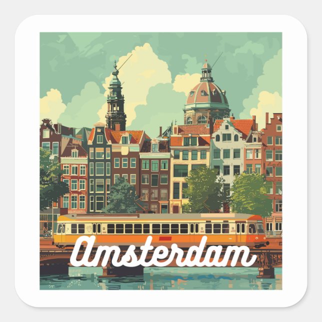 Pegatina Cuadrada Skyline Retro Amsterdam (Anverso)