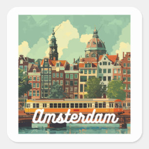 Pegatina Cuadrada Skyline Retro Amsterdam