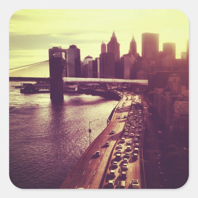 Pegatina Cuadrada Skyline Sunset - Puente de Brooklyn y NYC Cityscap (Anverso)