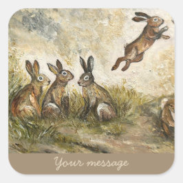 Pegatina Cuadrada Skyward Fluff Meadow Hare Whimsical Rabbit Family