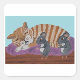 Pegatina Cuadrada Sleeping Cat with Sneaky Mice 