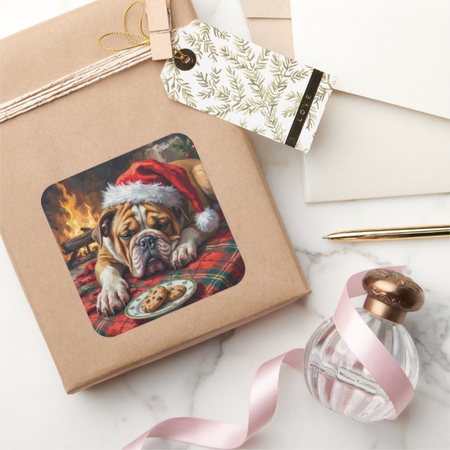 Pegatina Cuadrada Sleepy Bulldog Dog Fast Asleep Santa Hat Christmas (Regalar)