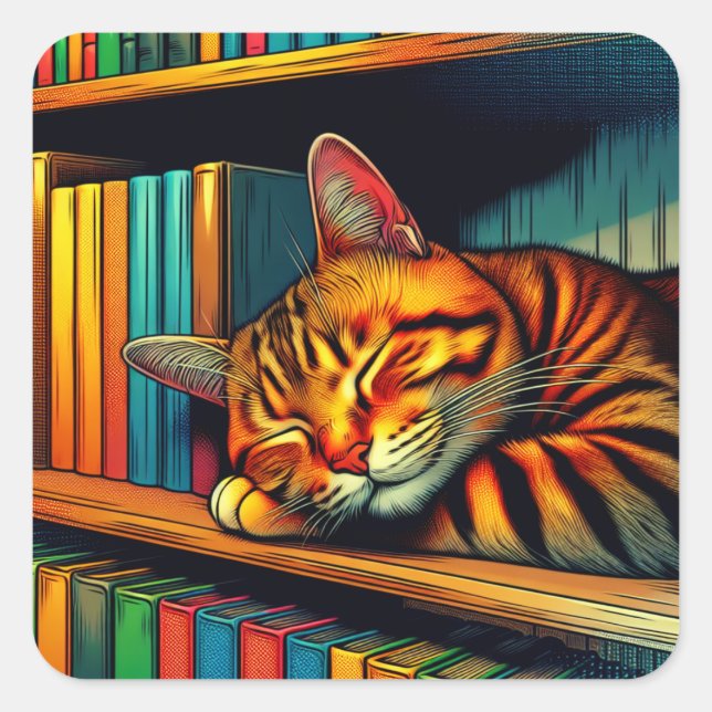 Pegatina Cuadrada Sleepy Comic Book Style Cat Sleeping (Anverso)
