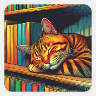 Pegatina Cuadrada Sleepy Comic Book Style Cat Sleeping