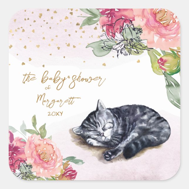 Pegatina Cuadrada Sleepy Kitten Ilustracion Chica Baby Shower (Anverso)
