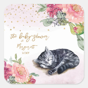 Pegatina Cuadrada Sleepy Kitten Ilustracion Chica Baby Shower