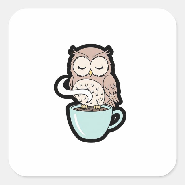 Pegatina Cuadrada Sleepy Owl on Coffee – Cute Cozy Illustration (Anverso)