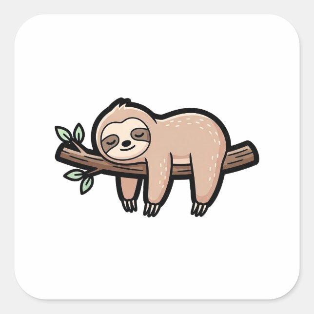 Pegatina Cuadrada Sleepy Sloth – Cute Kawaii Illustration (Anverso)