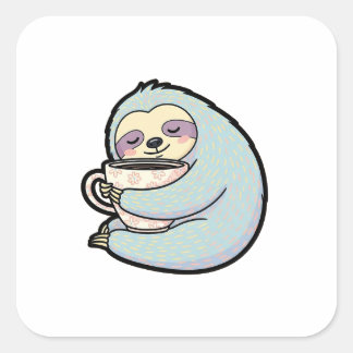 Pegatina Cuadrada Sleepy Sloth with Coffee – Cute Cozy Illustration