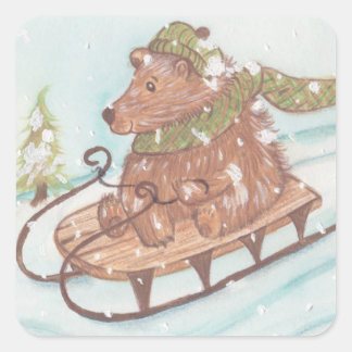 Pegatina Cuadrada Sleigh Riding Holiday Bear