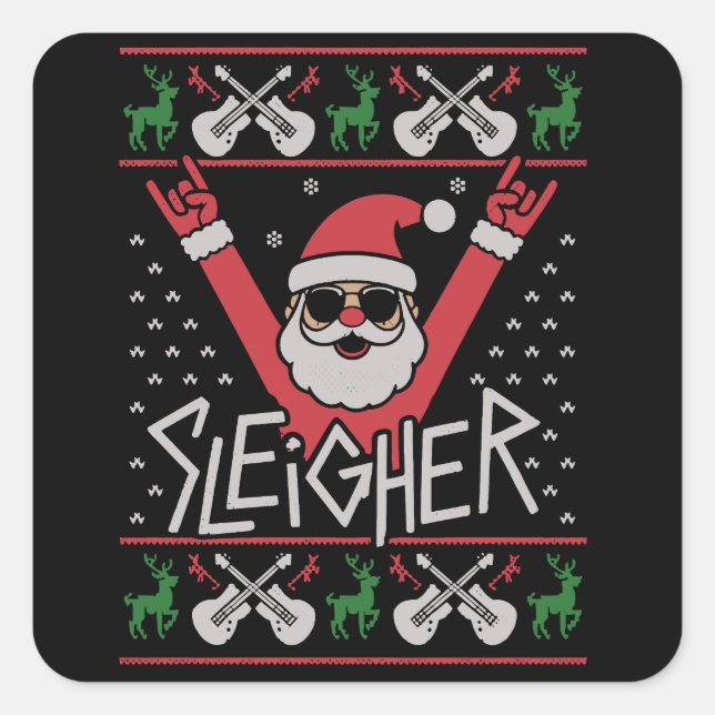 Pegatina Cuadrada Sleigher Santa Christmas Rock n Roll Ugly Sweat (Anverso)
