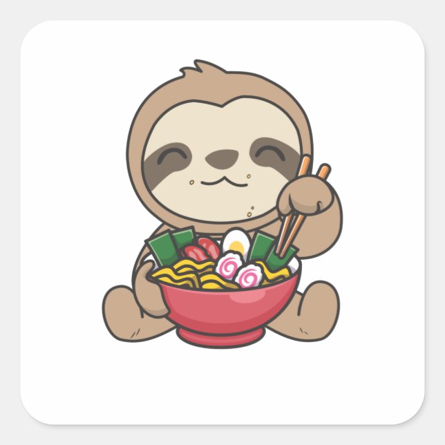 Pegatina Cuadrada Slote Eat Ramen Cute Kawaii Noodle Sloth (Anverso)