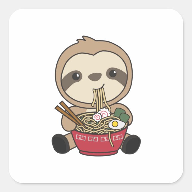 Pegatina Cuadrada Slote Eat Ramen Cute Kawaii Noodle Sloth (Anverso)