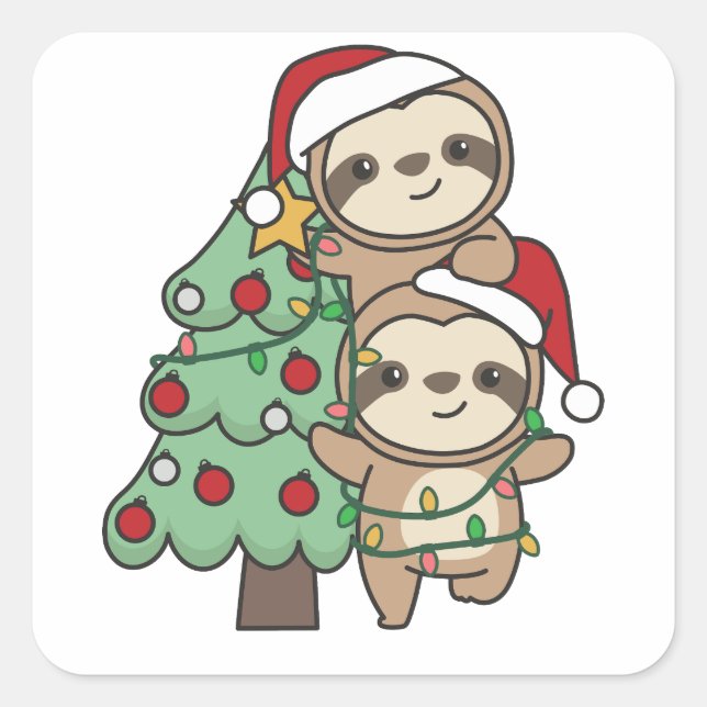 Pegatina Cuadrada Sloth Christmas Tree Navidades Animales Sloths (Anverso)