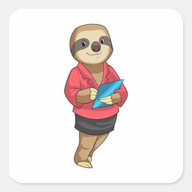 Pegatina Cuadrada Sloth como secretario con Notepad (Anverso)