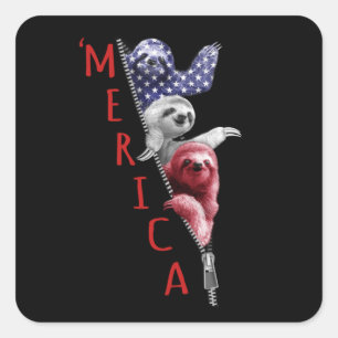 Pegatina Cuadrada Sloth Merica En Bandera Gráfica Estadounidense De