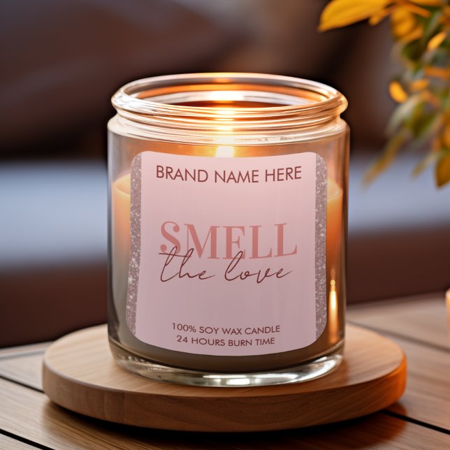 Pegatina Cuadrada Smell The Love Custom Pink Glitter Candle Label (Subido por el creador)