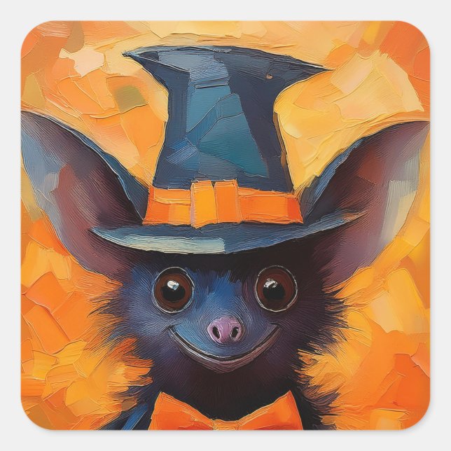 Pegatina Cuadrada Smiling Bat in Witch Hat (Anverso)